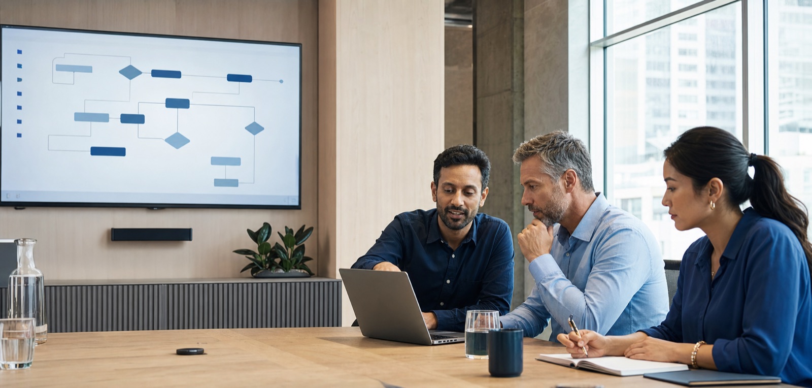Business leaders reviewing an AI workflow with a technology consultant