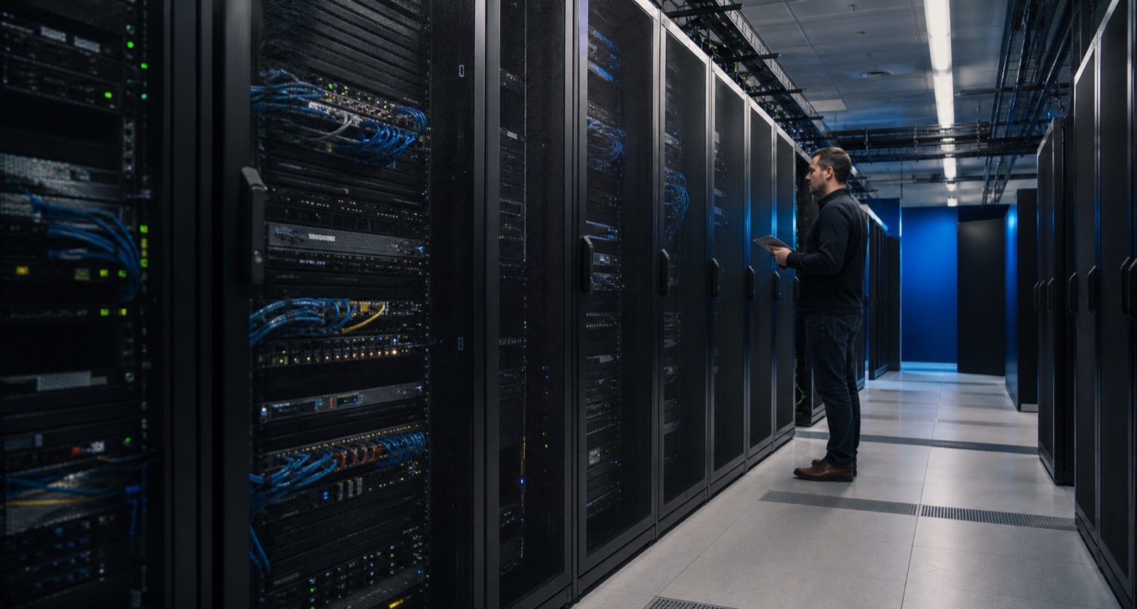 Technology specialist inspecting managed server infrastructure